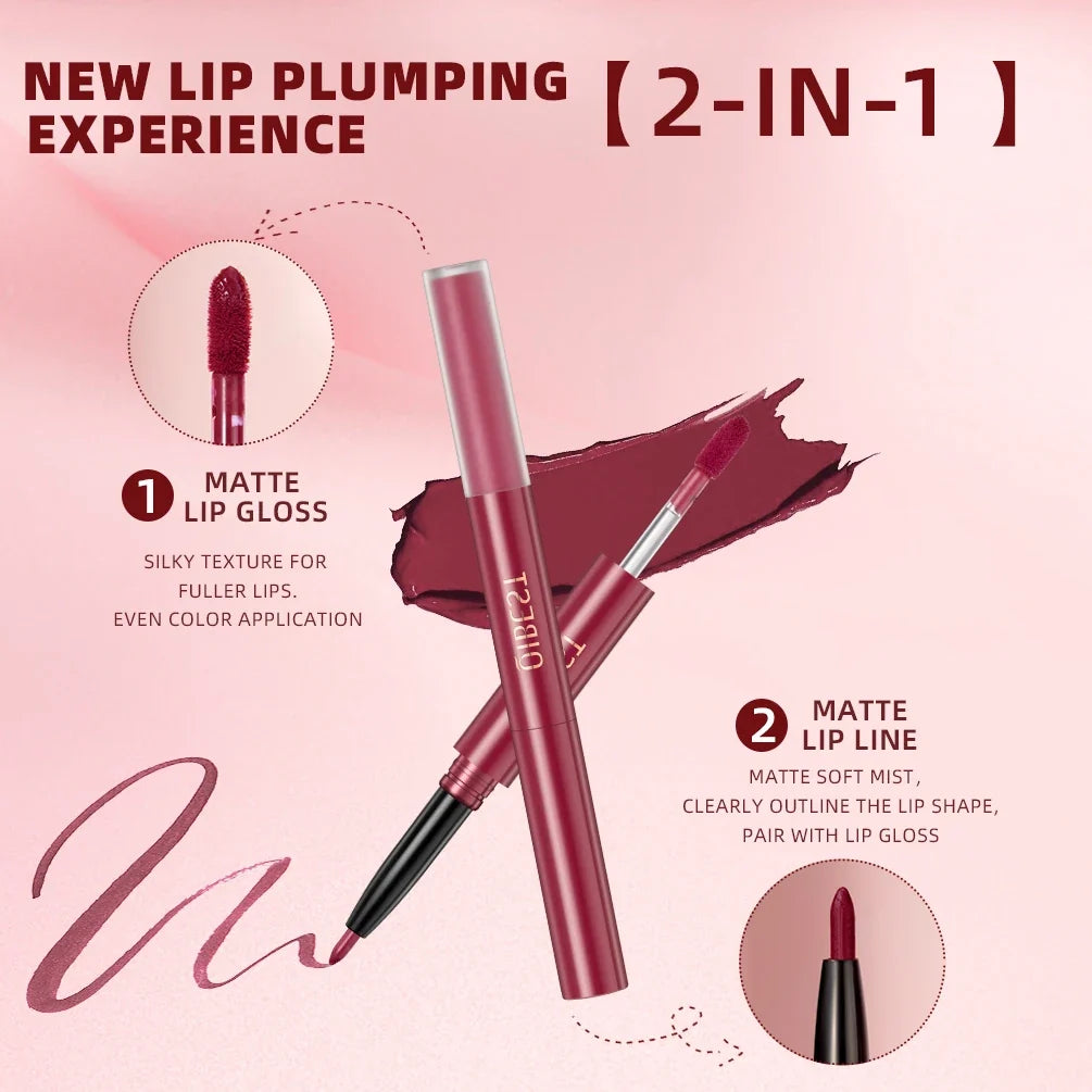 2 In 1 Double-end Lipgloss Lipliner Moisturizing Lipgloss Waterproof Long Lasting Matte Lip Liner Pen Makeup Lipliner 6 Colors
