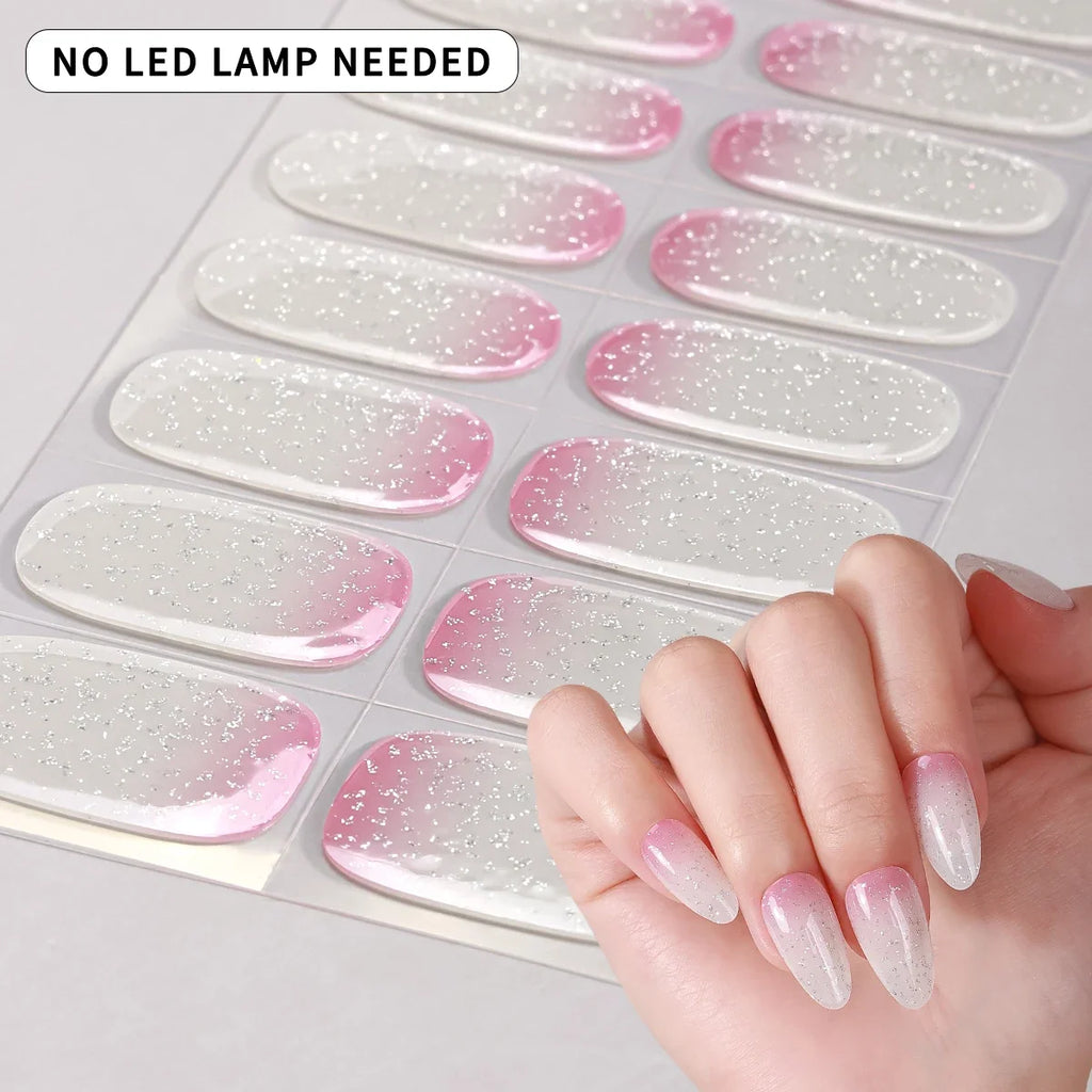 16Tips Gradient Starry Sky Gel Nail Strips Full Cover Sparkling Glitter Baking-Free Gel Nail Stickers DIY Manicure Decoration