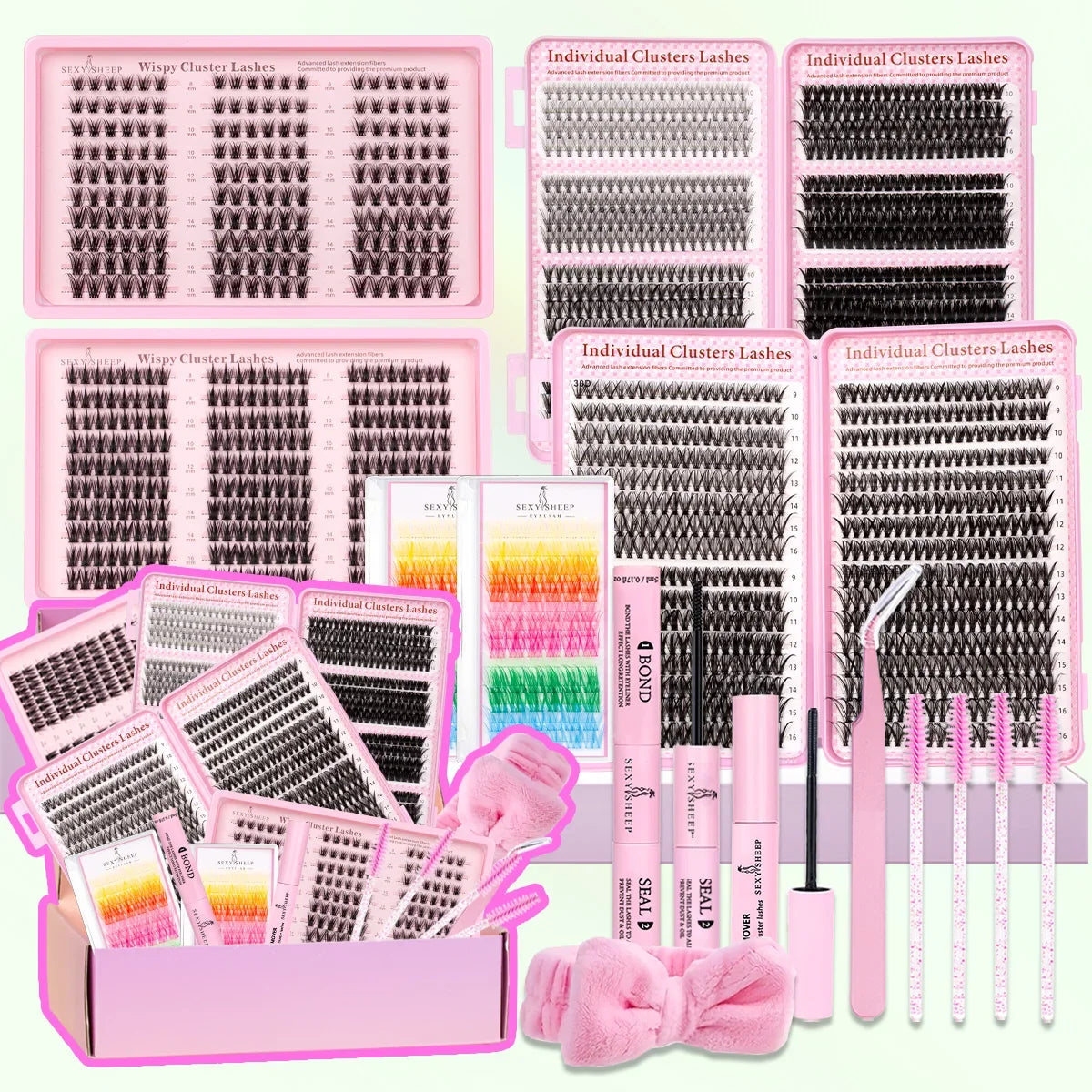 DIY Lash Clusters Kit Mixed Styles Eyelash Extension Full Set Individual Lashes with Lash Bond&Seal and Tweezers Makeup Tool