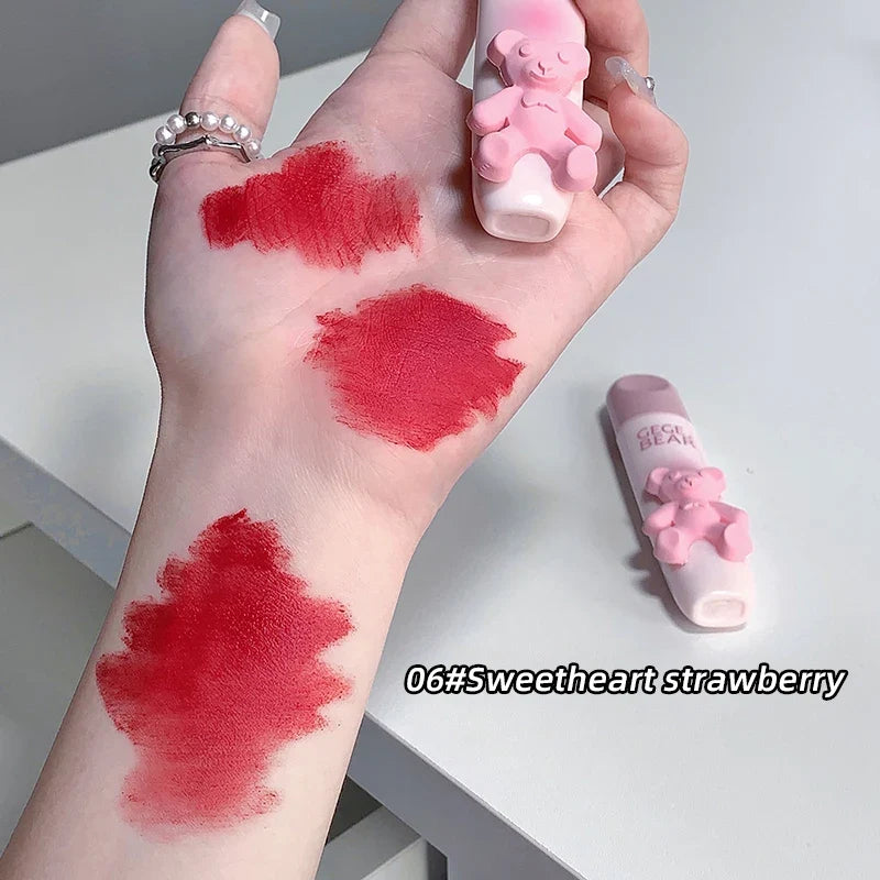Cute Little Bear Lip Glaze Mist Face Matte Velvet Lipstick Holding Makeup Whitening Lip Cream Coloring Lip Color