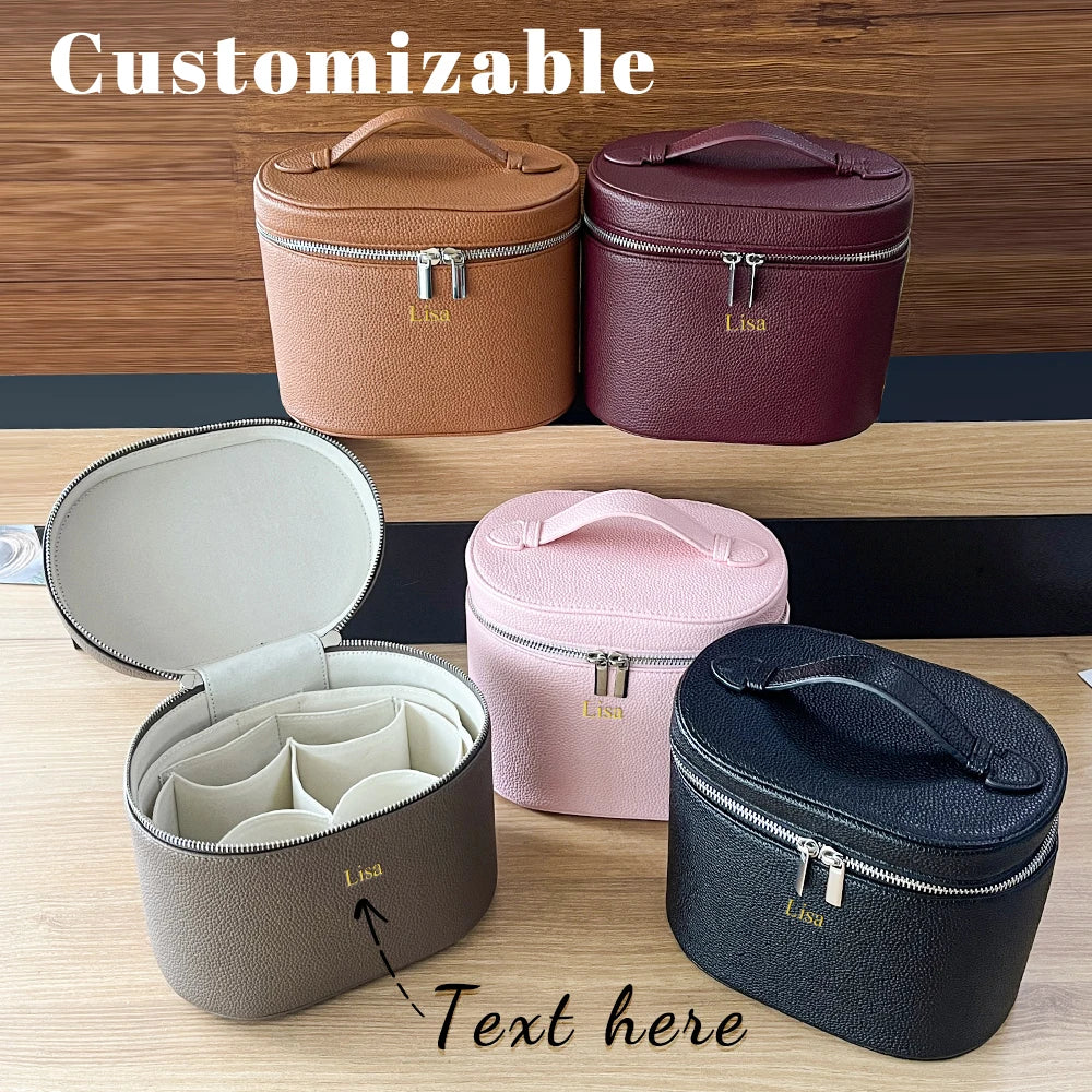 Large-capacity PU leather cosmetic box with internal storage box, customizable names and letters, travel portable cosmetic bag