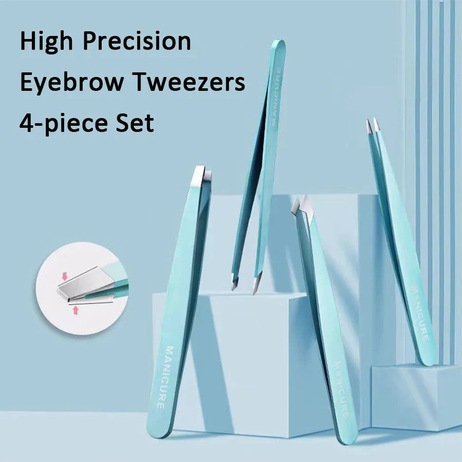 4Pcs High-Quality Eyebrow Tweezer Colorful Hair Beauty Fine Hairs Puller Stainless Steel Slanted Brow Clips Removal Makeup Tools