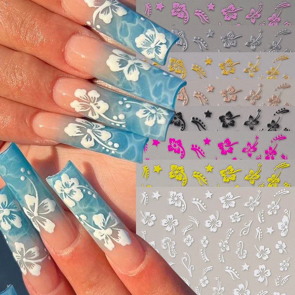 1pc 3D Hibiscus Flowers Nail Sticker White Black Flower Petals Adhesive Decals Pink Golden Floral Slider For Nail Art Decoration