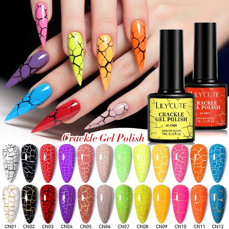 LILYCUTE 7ml Neon Crackle Gel Nail Polish Summer Fluorescent Quick Drying Semi Permanent UV Gel Nail Art Varnish DIY Manicure