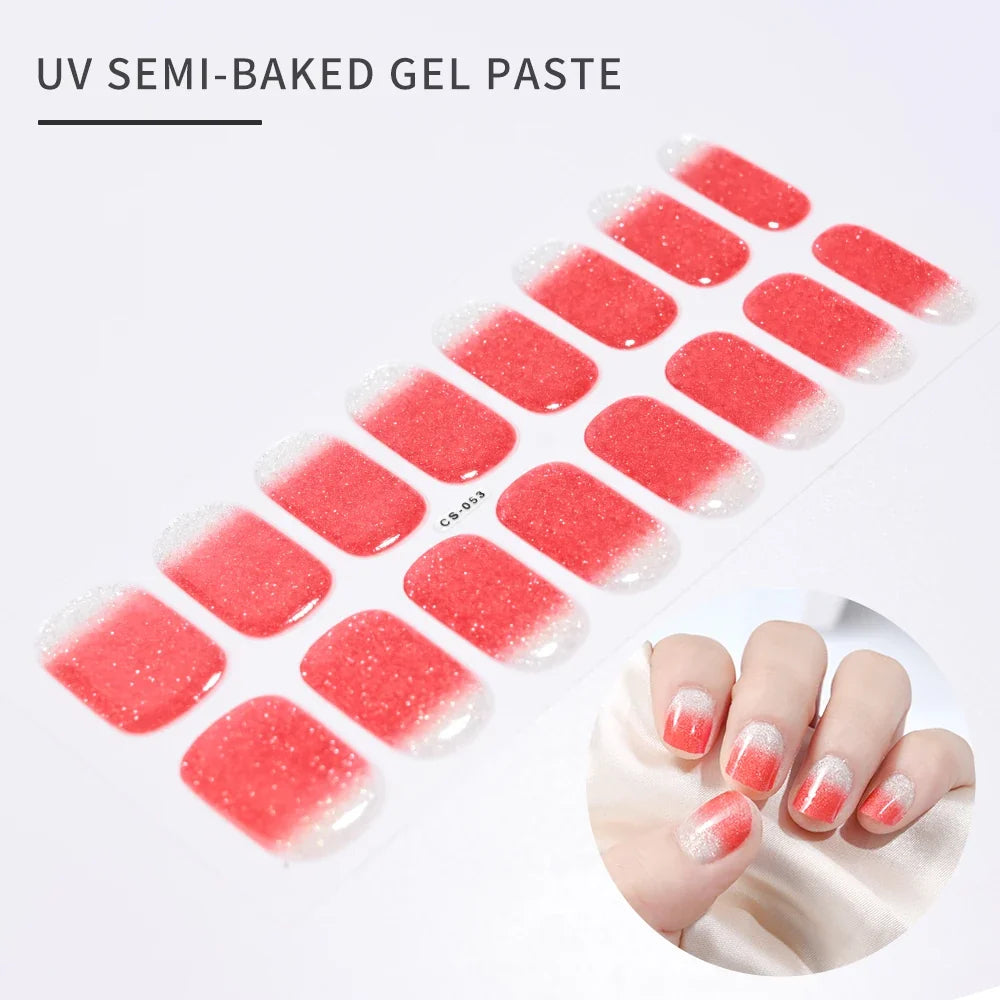 16Tips Glitter Semi-Cured Gel UV Sticker 3D French Gradient Shiny Glitter Powder UV Gel Sticker Full Cover UV Lamp Glitter Decal