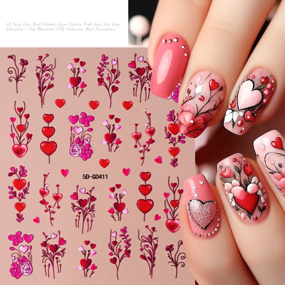 1sheet 5D Sexy Red Lips Nail Decal Stickers KISS Love Heart Valentine's Day Self-adhesive Nail Slider DIY Romantic Nail Decor