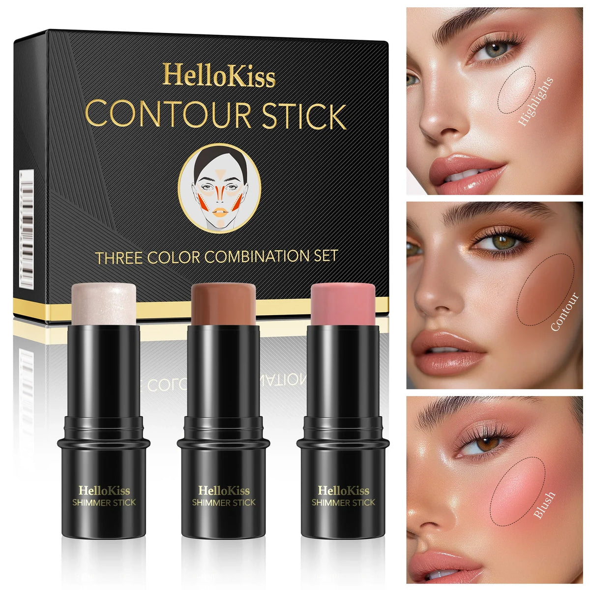 1 Set of 3 Contour Sticks, Highlighter Stick, Blush Stick, 3-Piece Cream Contour Set Including Contour Brush, Creates Facial Contours, Non-Greasy