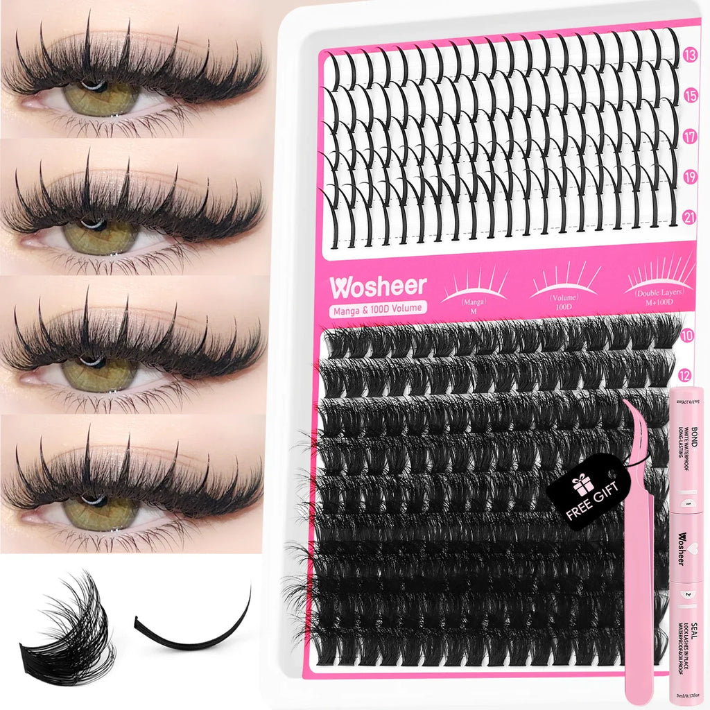WOSHEER Lash Clusters Kit Lash Spikes Eyelash Clusters Volume Individual Lashes DIY Spiky Lash Extension Manga Clusters Eyelash
