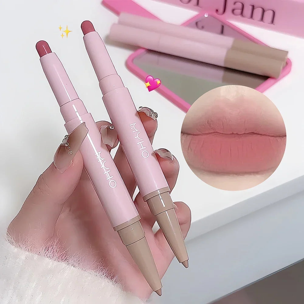 Double-head Matte Lipstick Waterproof Velvet Nude Pink Lip Liner Pencil Sexy Red Brown Pigment Lips Makeup Long Lasting Lip Tint