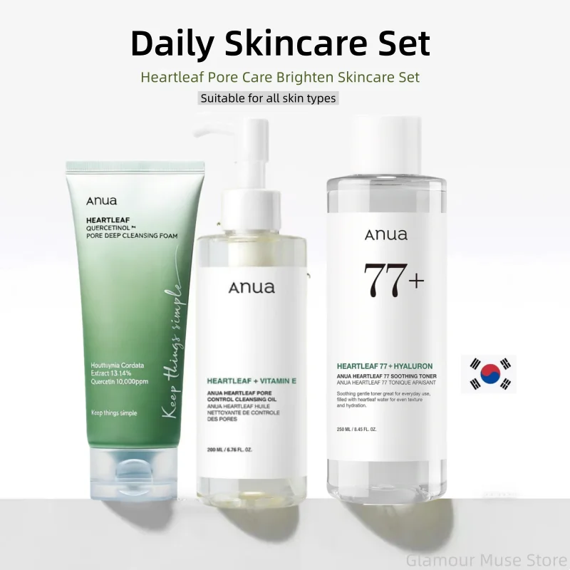 Korean ANUA Heartleaf Set 77 Soothing Acne Toner,Daily Lotion,Deep Cleansing Foam and Facial Cleansing Oil Skincare Products Set