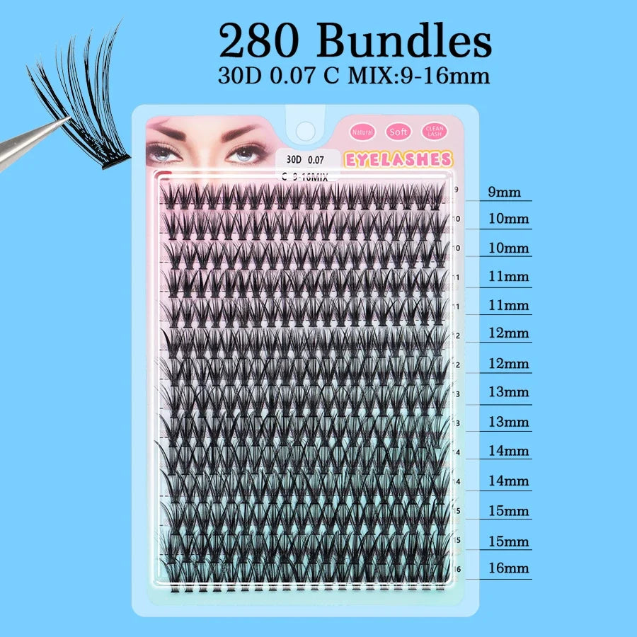 Individual Lashes 20-100D 280pcs Cluster Lashes Natural Look Mixed Tray DIY Eyelash Extension Volume Lash Clusters Eyelashes