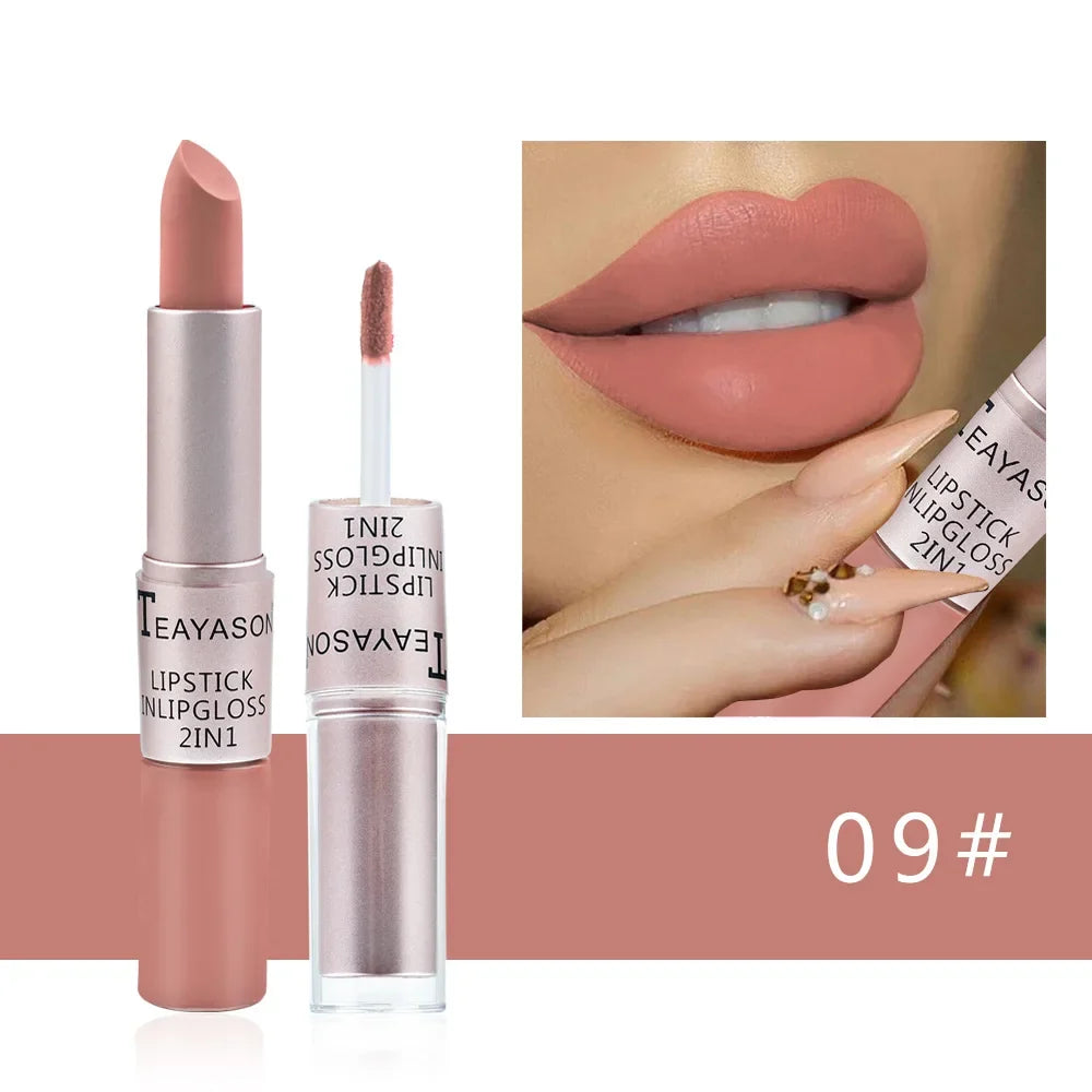 1Pc Long Lasting Velvet Matte Lipstick Double Head Lip Gloss Non-stick Cup Lip Gloss Waterproof 2 in 1 Matte Red Lipstick Makeup
