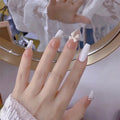 24PCS/1BOX  Dark Wind Gradient Long White Bow Nail Patch Fake Nails