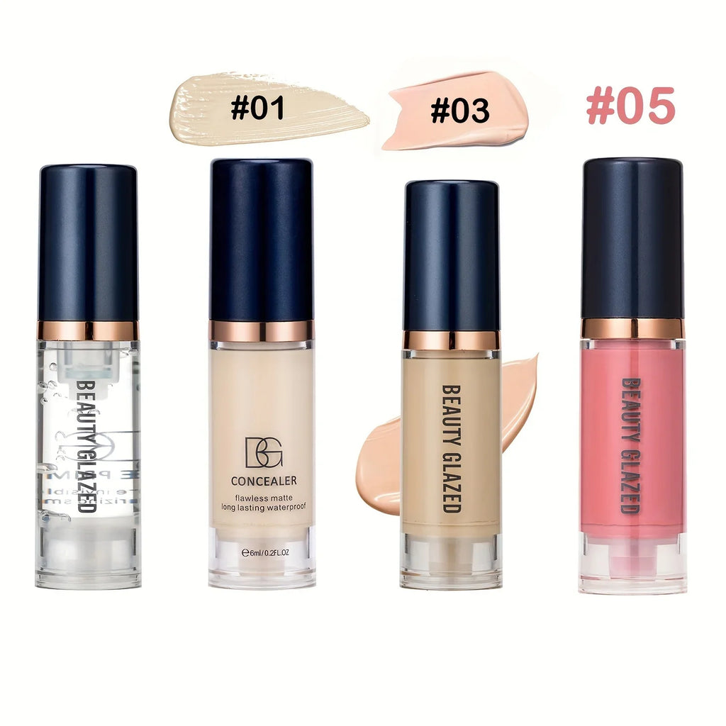 4Pcs Set Primer + Concealer + Liquid Foundation + Liquid Blush Matte Velvet Waterproof Foundation Blush Makeup For Travel