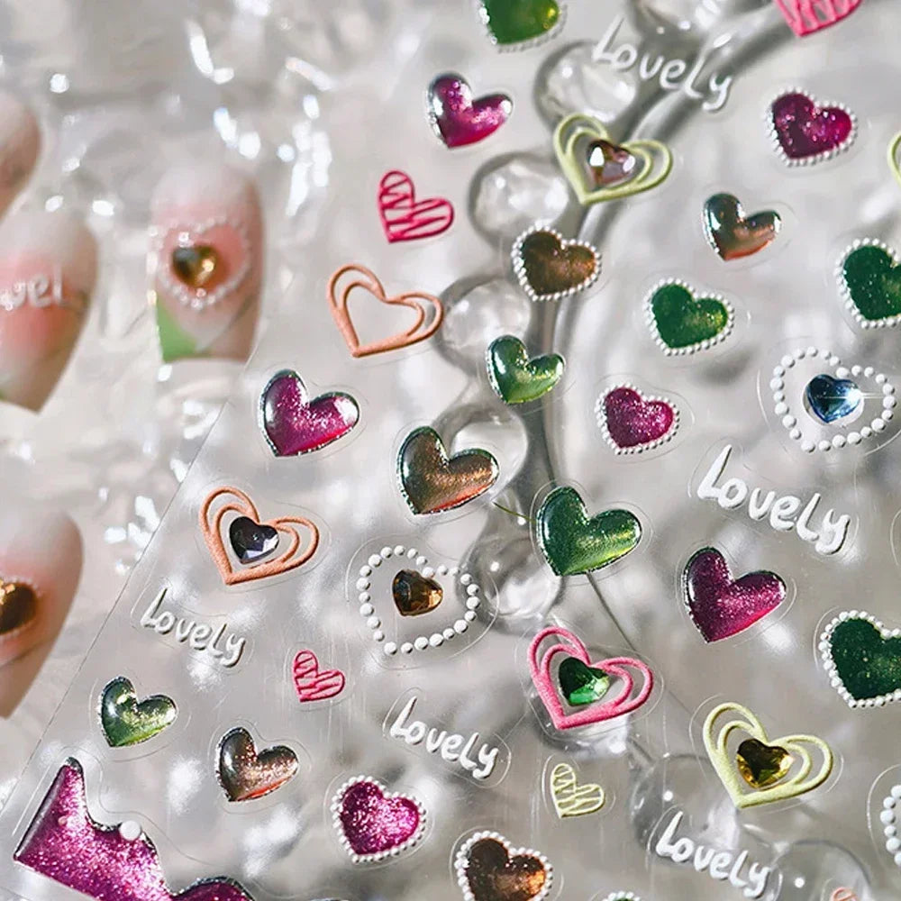 Cat's Eye 5D Gradient European Love Heart Gem Wing Crystal Geometric Colorful Self Adhesive Nail Art Stickers Manicure Decals