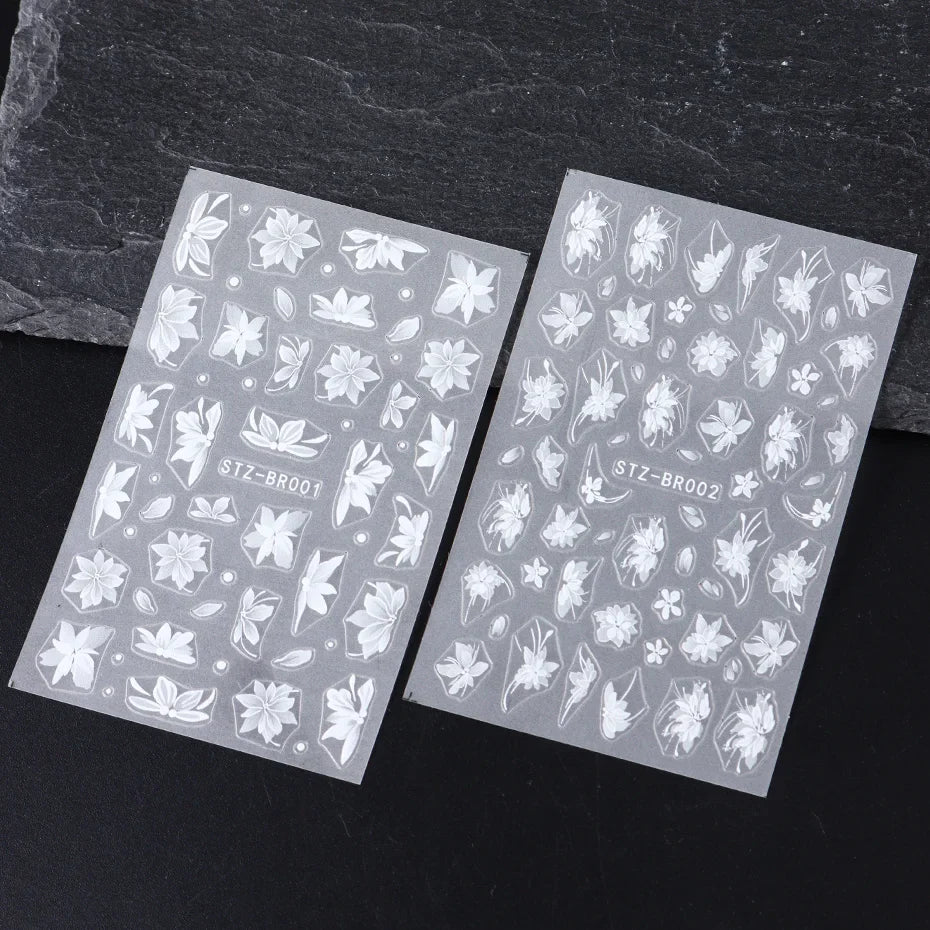 3D White Flower Nail Art Stickers Cute Floral Adhesive Sliders Acrylic Decoration Decals DIY Nail Charms Adhesive Accessories