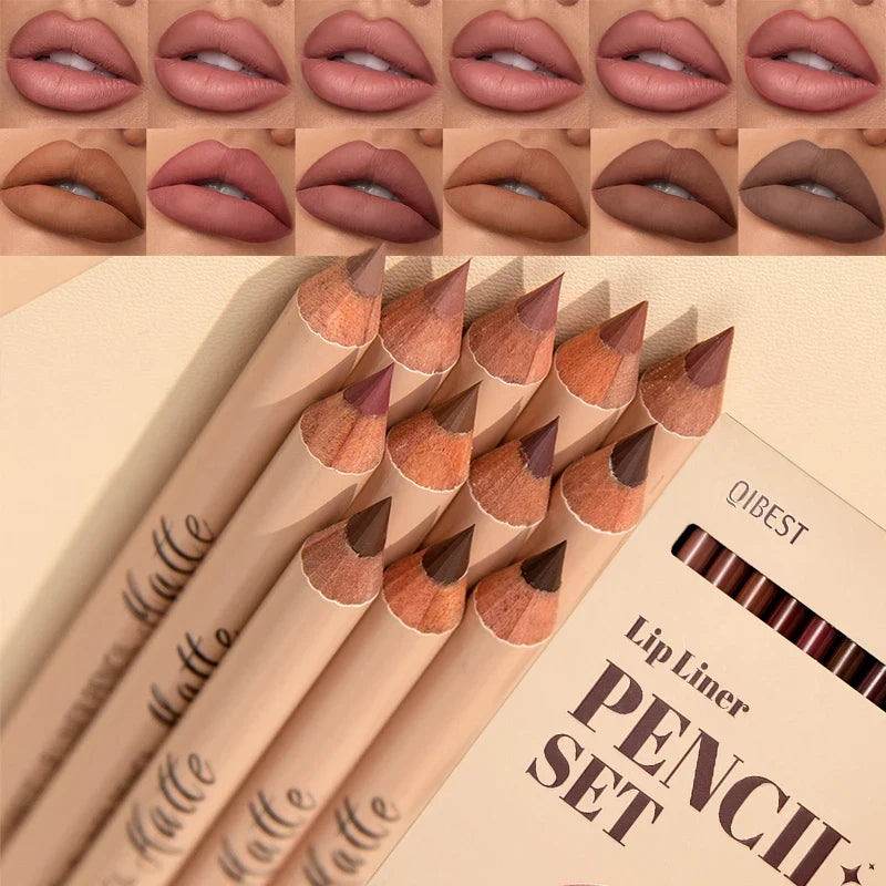 12Color Matte Lipstick Lipliner Set Nude Soft Matte Lip Liner Set Non-Drying Waterproof Plumping Outline The Lips Contour Makeup