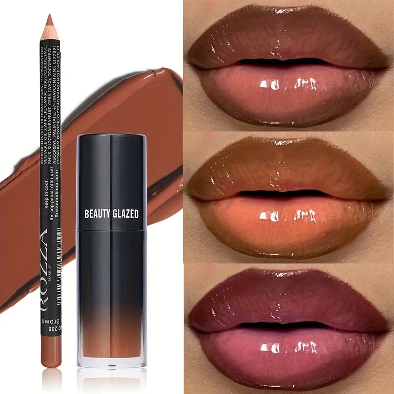 2pcs/Set Smooth Lip Liner+Lip Oil Set Lip Combo Waterproof Lip Liner  Makeup, Long-Lasting Moisturizing Lip Makeup Lip Plump