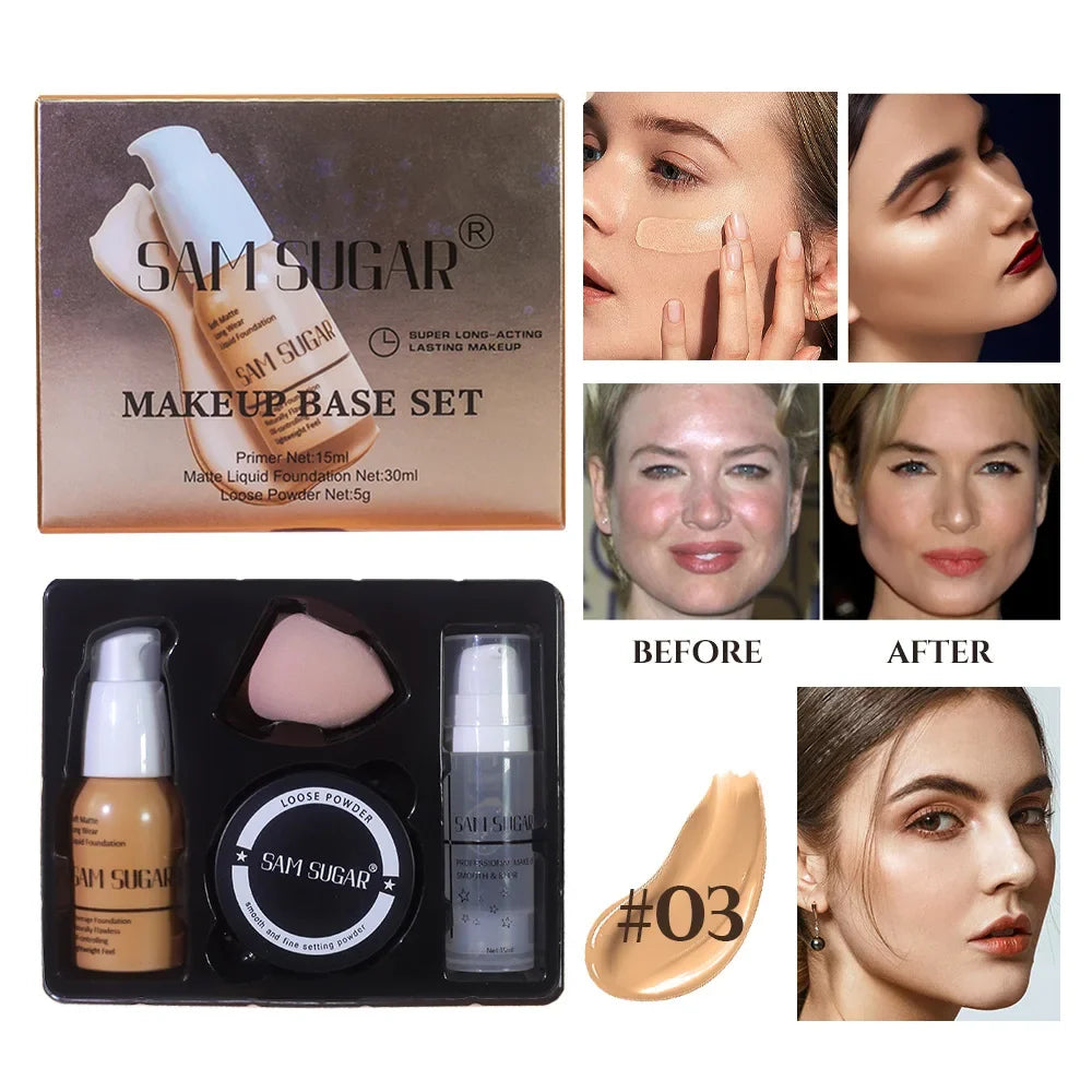 Makeup Base Set With 15ml Primer 30ml Matte Foundation 5g Loose Powder Puff For Smooth Flawless Skin Longwear