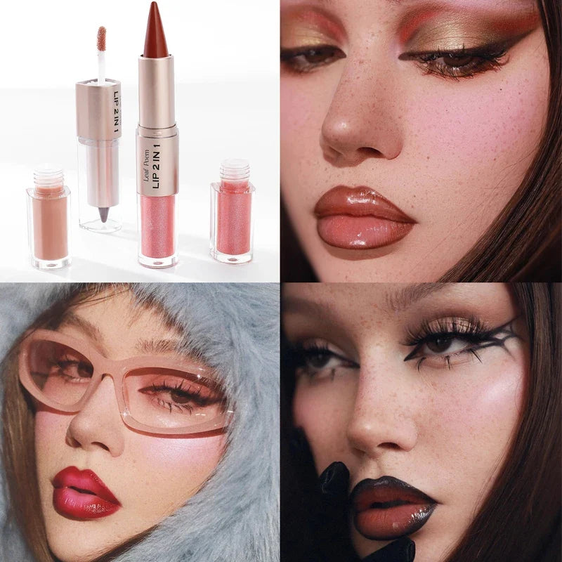 Black Brown Tapered Lip Liner Contour Pencil Double Head Mirror Plumping Lip Glaze Crystal Lip Gloss Sexy Red Lips Tint Makeup