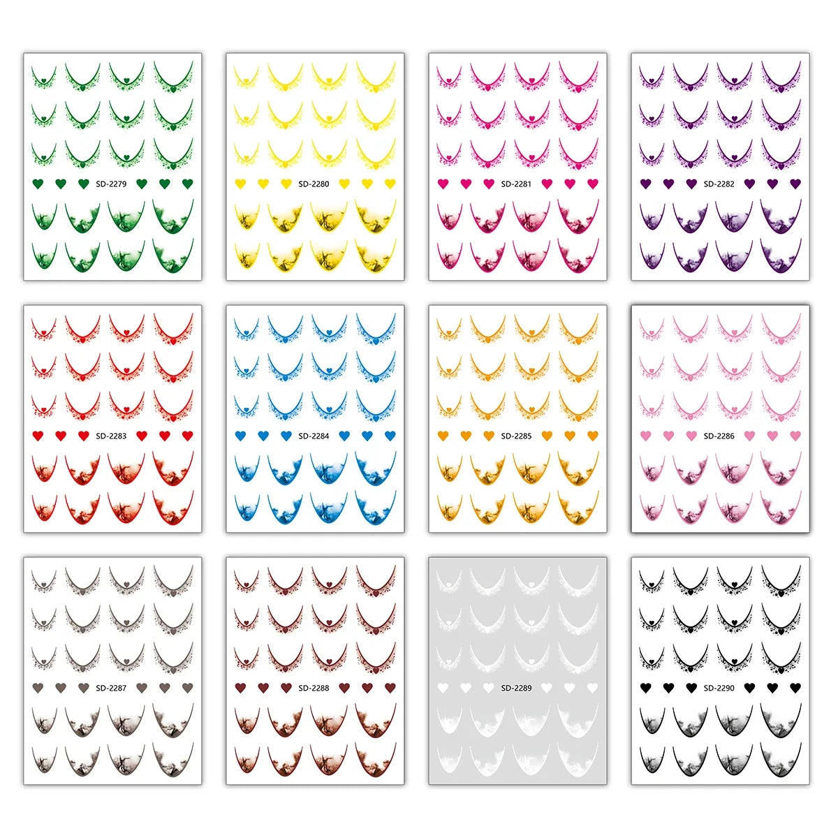 12 Sheets Gradient French Tip Nail Stickers Heart Design Nail Decals Self-Adhesive Manicure Stickers 12 Colors for DIY Nail Art
