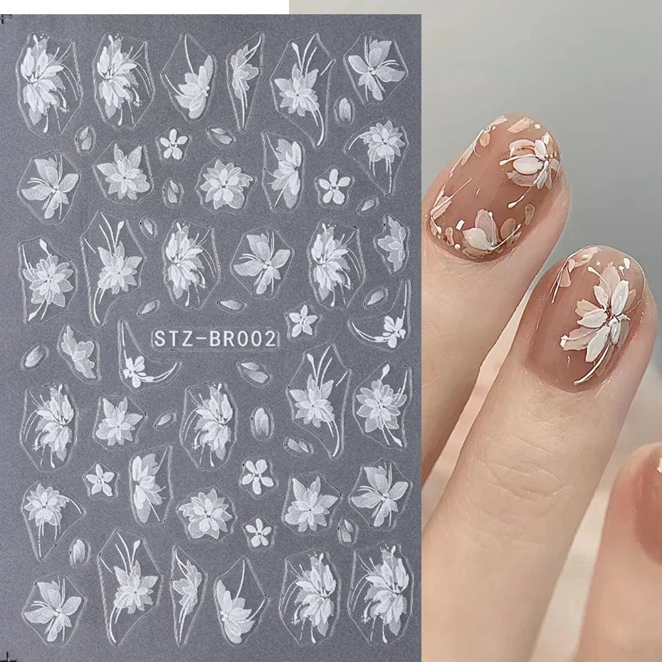 3D White Flower Nail Art Stickers Cute Floral Adhesive Sliders Acrylic Decoration Decals DIY Nail Charms Adhesive Accessories