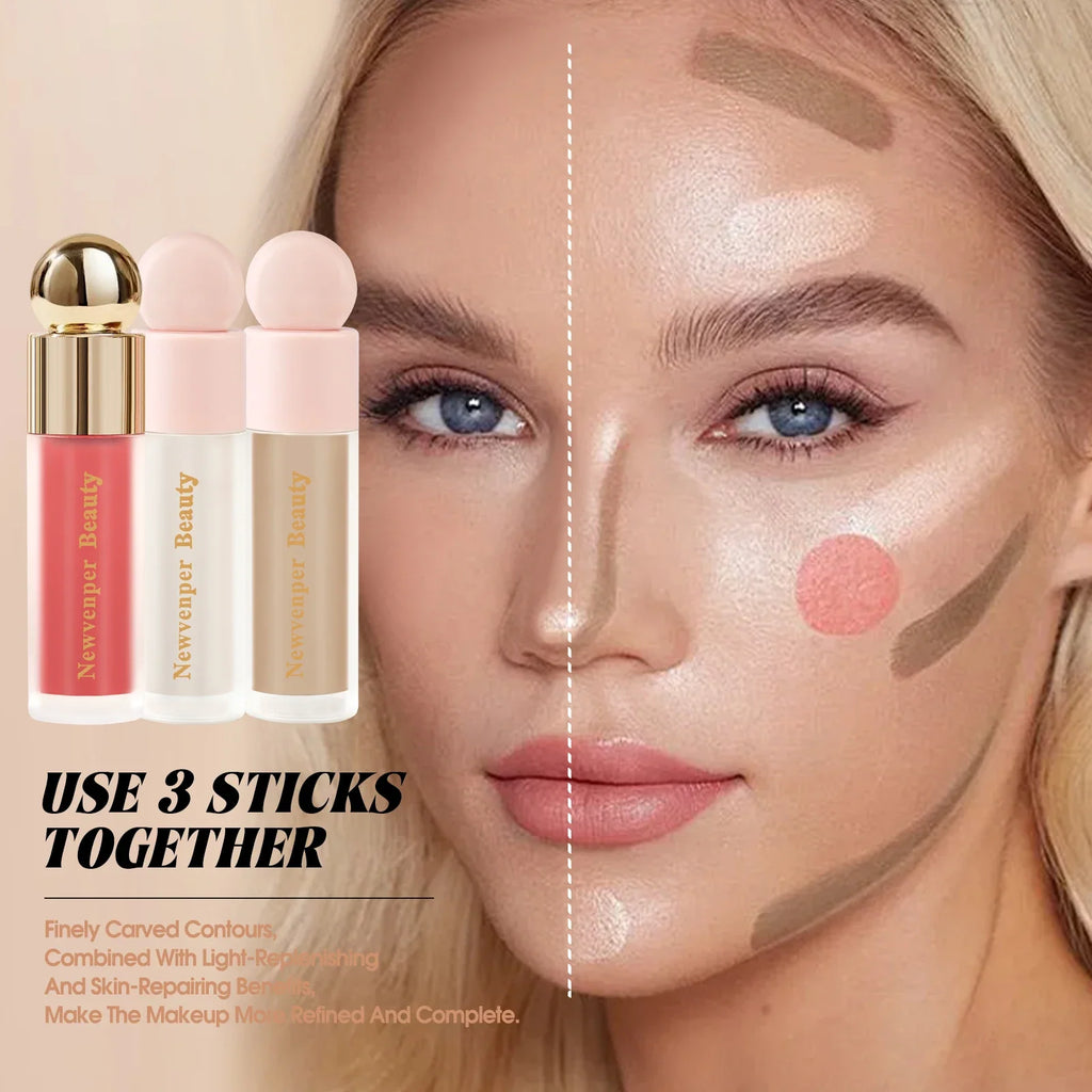 Liquid Highlighter+Blush+Contour Stick Set for Face & Body Silky Natural Glow Liquid Luminizer Matte Pink Shadow Face Makeup