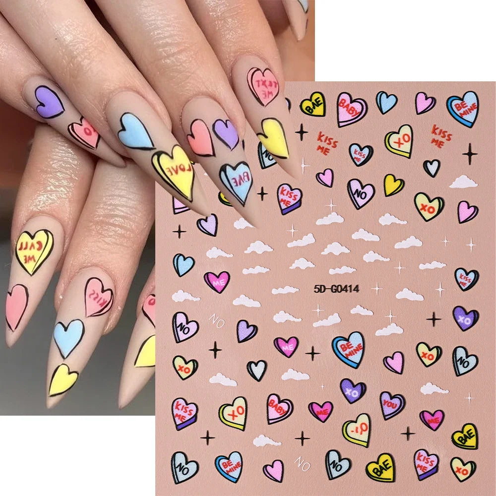 1sheet 5D Sexy Red Lips Nail Decal Stickers KISS Love Heart Valentine's Day Self-adhesive Nail Slider DIY Romantic Nail Decor