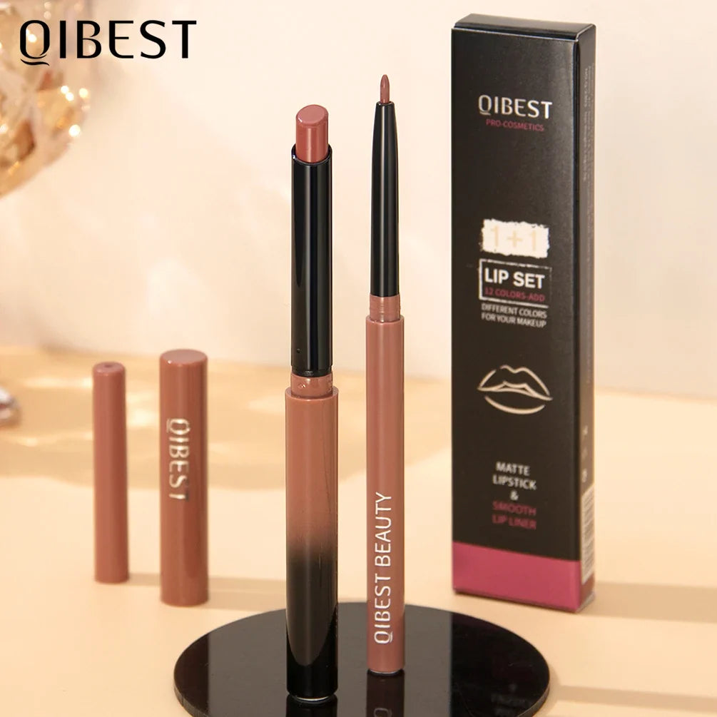 QIBEST 2pcs Lipstick Lipliner Pen Set Matte Nude Lip Liner Pencil Waterproof Long Lasting Lipstick Pen Contour Makeup For Women