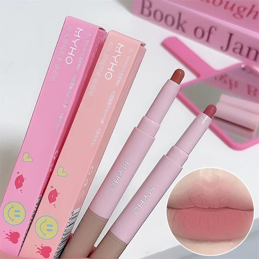 Double-head Matte Lipstick Waterproof Velvet Nude Pink Lip Liner Pencil Sexy Red Brown Pigment Lips Makeup Long Lasting Lip Tint