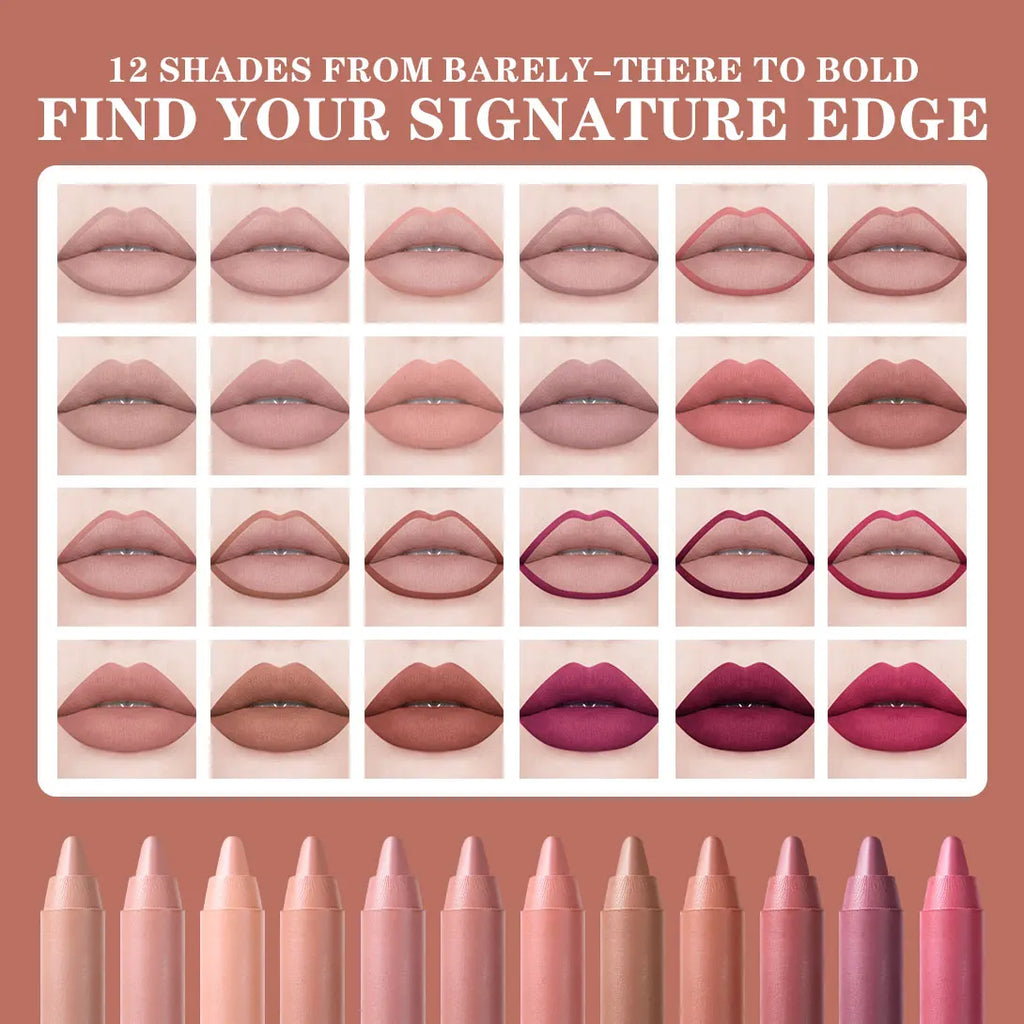 12Pcs/Set Lip Liner Set Waterproof and Sweat-Proof, Delicate Texture, Non-Smudged, Outline Lip Shape, Essential Lip Liner for Novices, Holiday Party, Valentine's Day Gift, Lip Liner Set