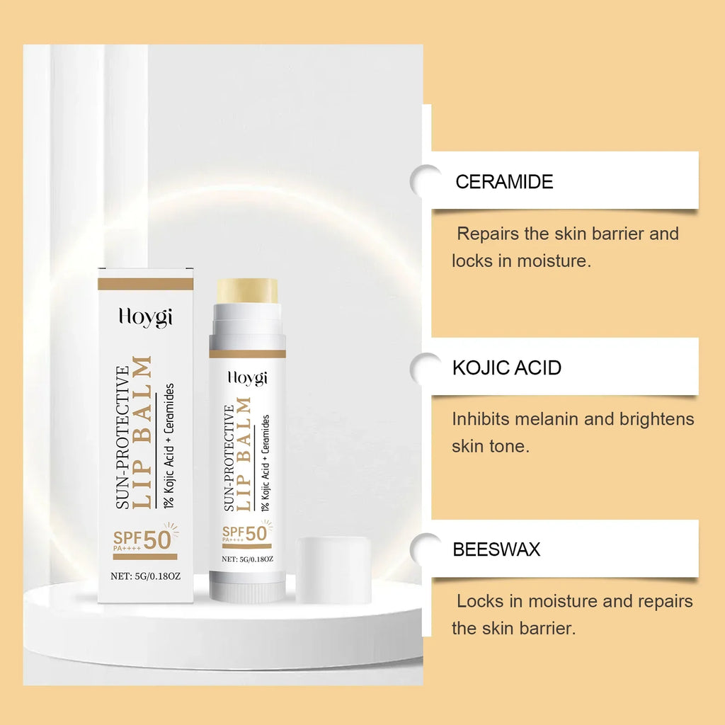 Sun Protective Lip Balm SPF50+ Hydrating Lip Sunblock Fade Lip Lines Nourishing Moisturizing Brighten with Kojic Acid Ceramide