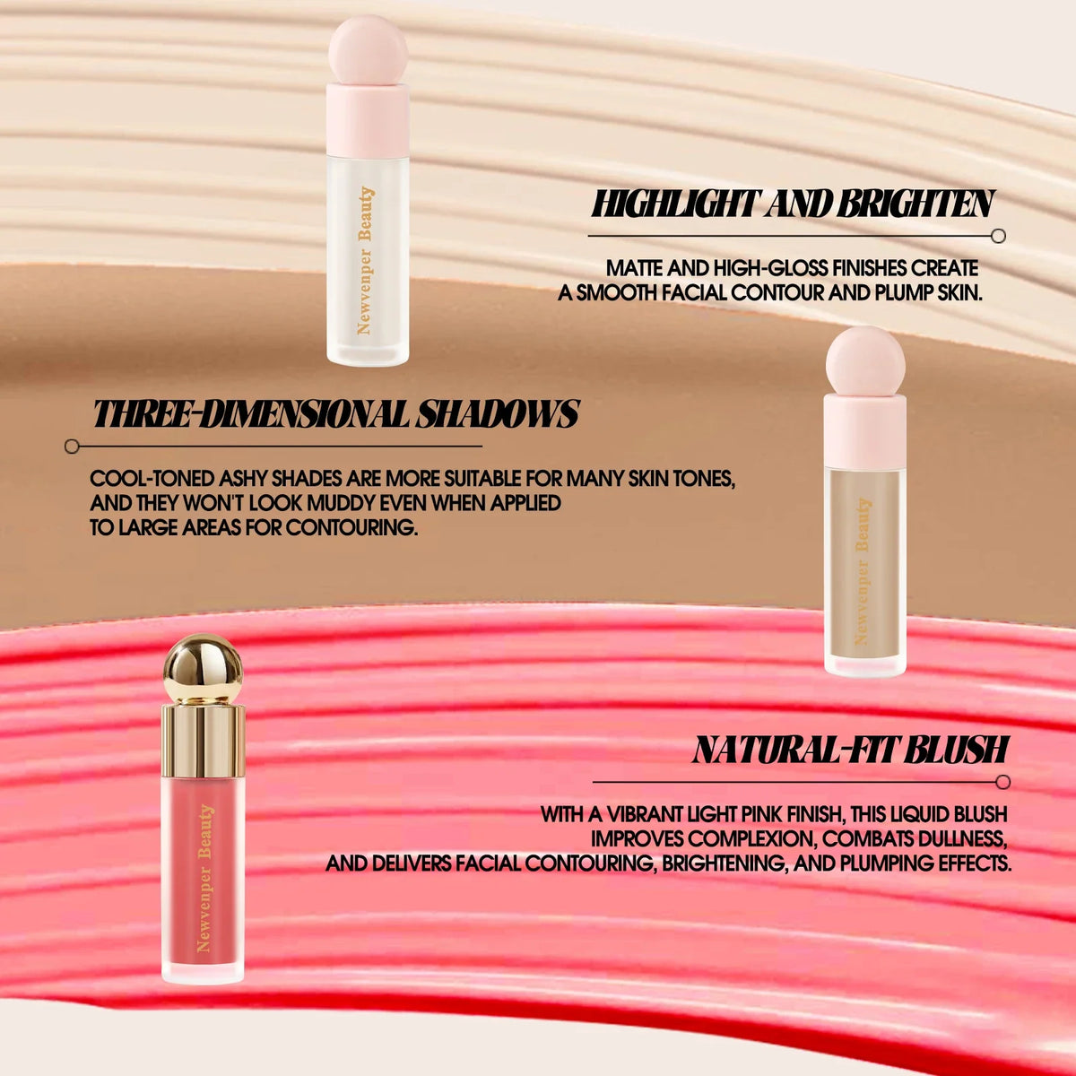 Liquid Highlighter+Blush+Contour Stick Set for Face & Body Silky Natural Glow Liquid Luminizer Matte Pink Shadow Face Makeup