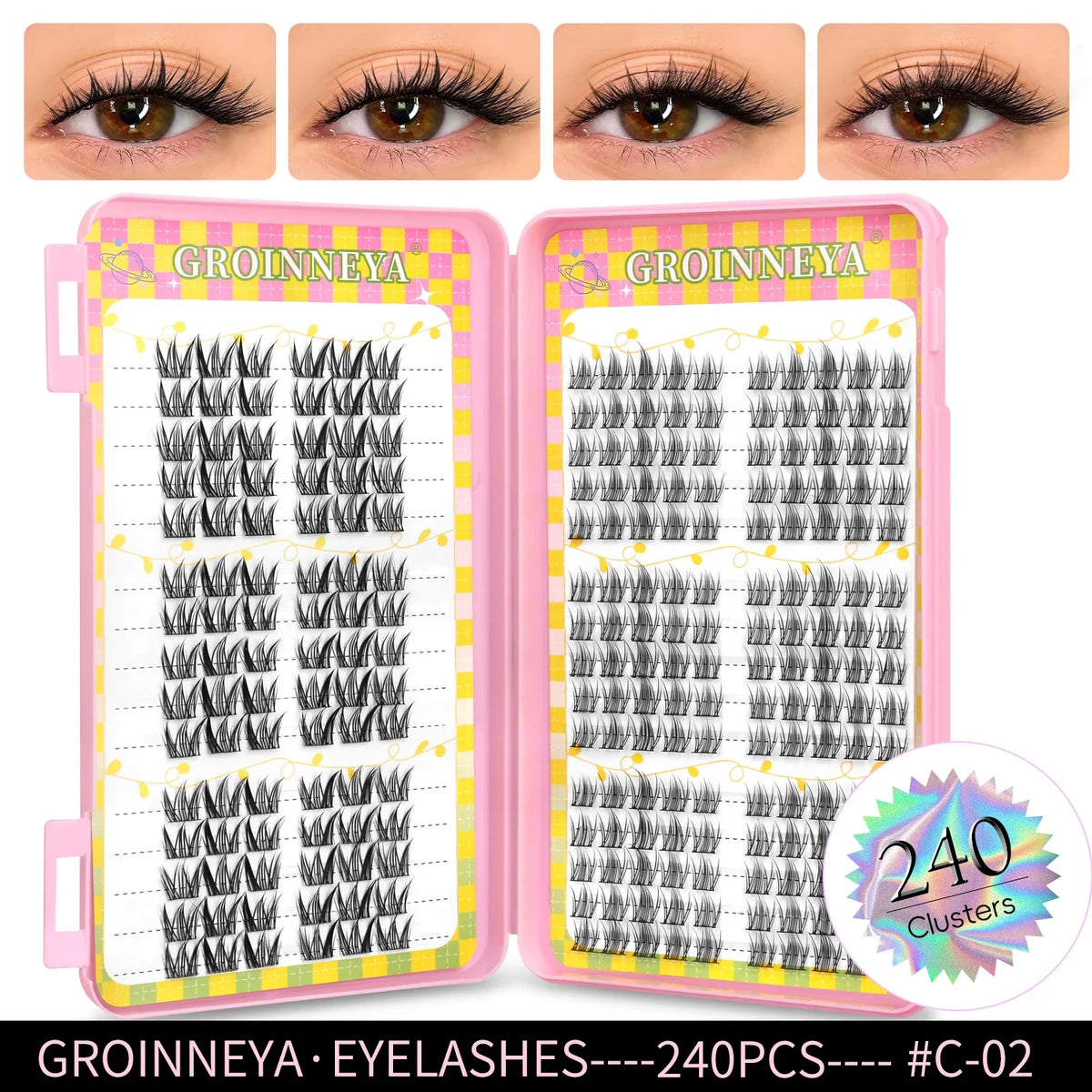 GROINNEYA Eyelashes Clusters 320 pcs Natural Eyelash extension Cluster Lashes Volume Mixed Tray Lashes Cluster Natural Lashes