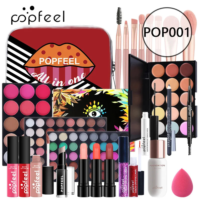 POPFEEL All-in-One Makeup Kit Gift Set with Eyeshadow Palette Foundation Lip Gloss Blush Brushes Eyeliner and More Beauty Gifts