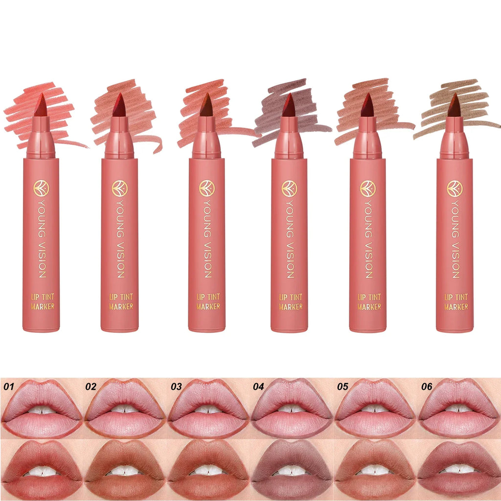 Lip Tint Pen, 6 Colors Available, Matte Water Lipstick, Non-Stick Cup, Long-Lasting, Smooth Lip Liner and Lip Stain Combo