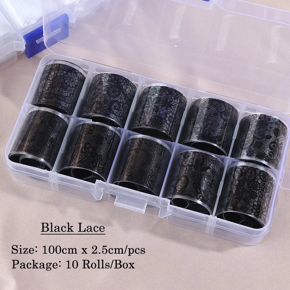 10 Rolls/Box White Black Lace Nail Art Foils Set Nail Transfer Sticker Paper DIY Manicure Nail Decoration Accessories