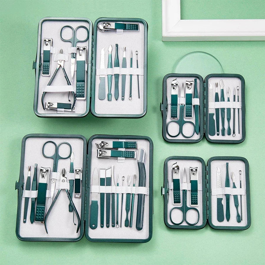 Green 6-18 Pcs Manicure Set With Leather Case Professional Foot And Face Care Tool Kits Stainless Steel Nail Clipper Sets Gift