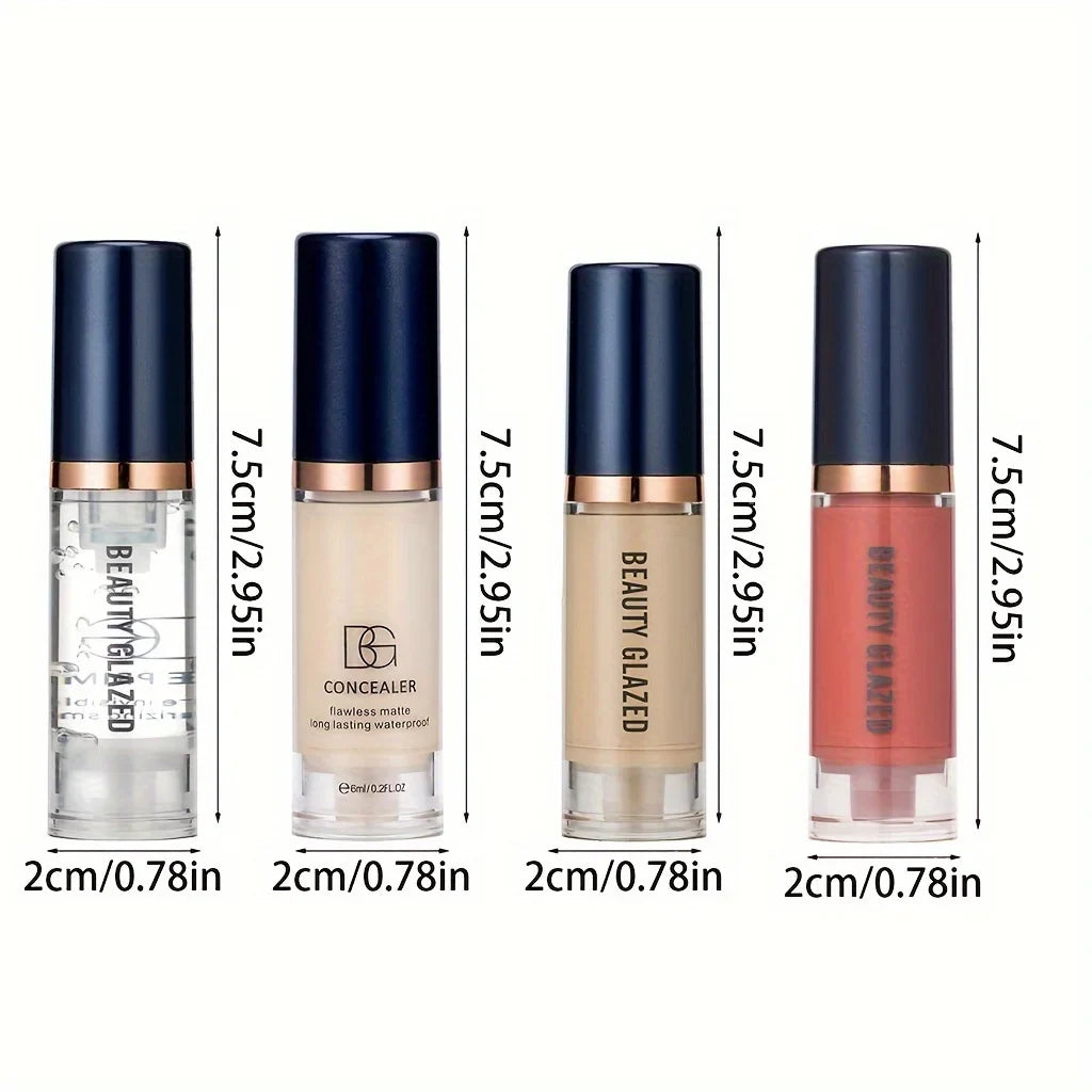 4Pcs Set Primer + Concealer + Liquid Foundation + Liquid Blush Matte Velvet Waterproof Foundation Blush Makeup For Travel