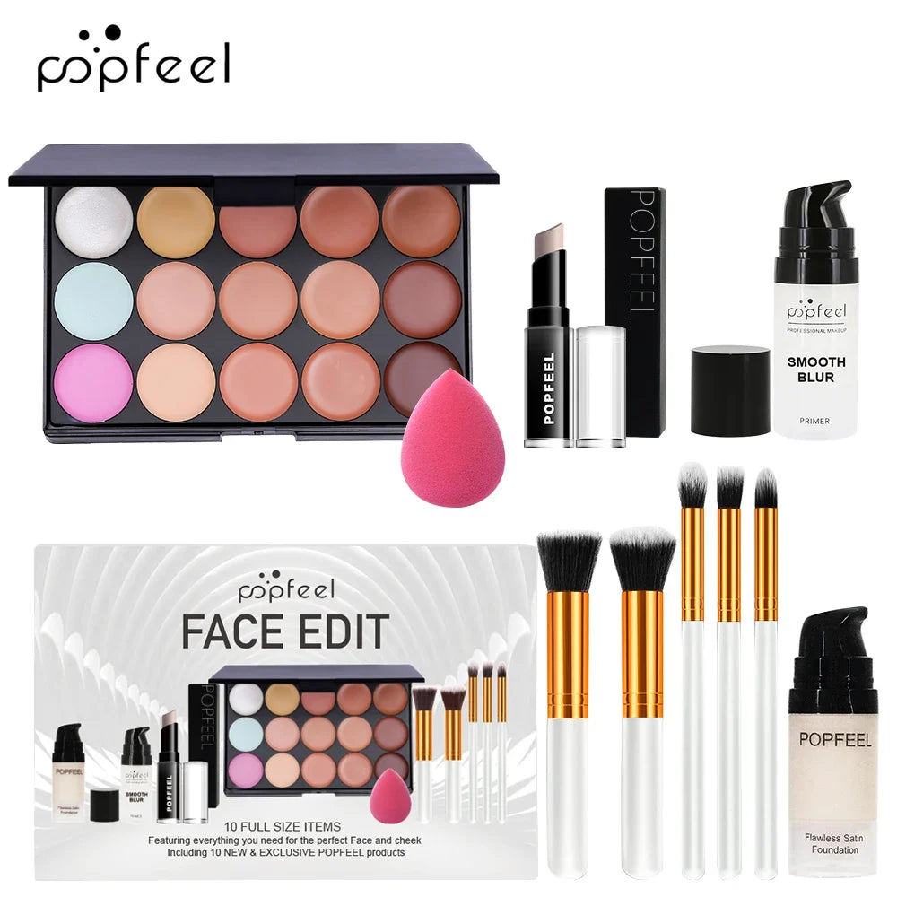 POPFEEL 10-Piece Face Makeup Set - Beginner-Friendly Foundation, Concealer & Brush Combo - Complete Face Makeup Kit for Flawless