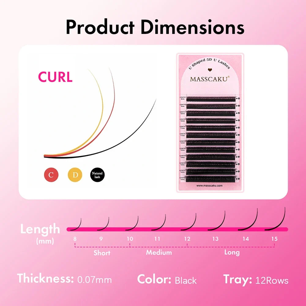 MASSCAKU U-shaped 3D 4D 5D Eyelash Extensions C D Curl U Shaped W Bloom Premade Fans Volume Lashes Natural Mink False Eyelashes