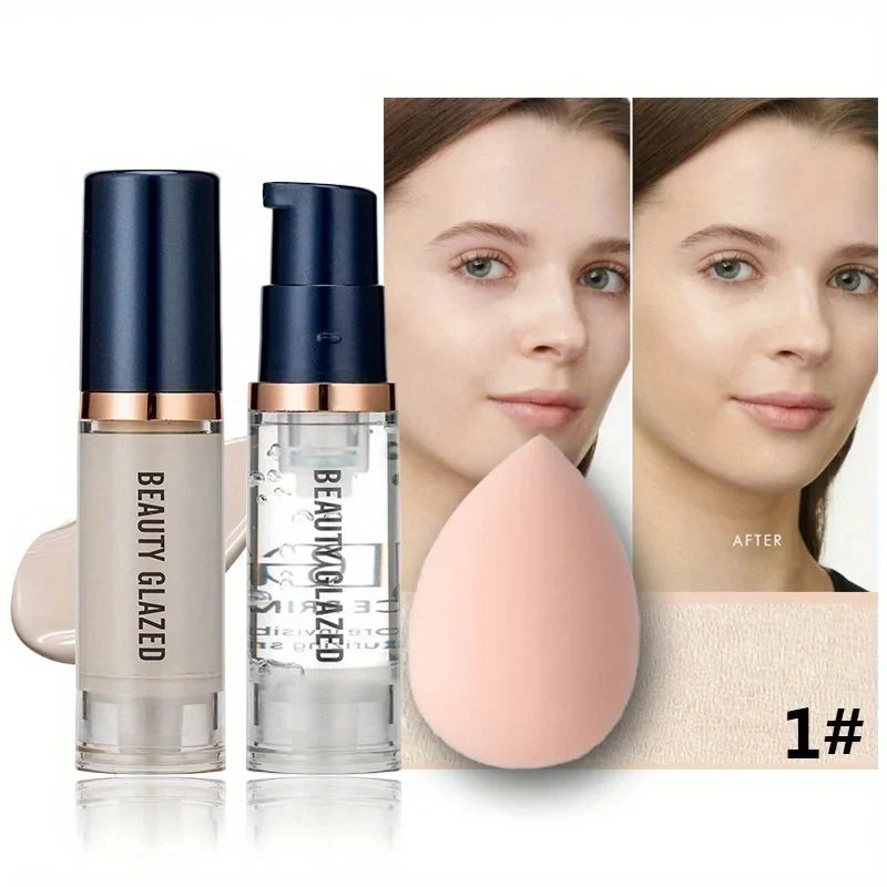 BEAUTY GLAZED 3Pcs Face Makeup Set,Matte Long lasting Waterproof Liquid Foundation+Primer+Puff