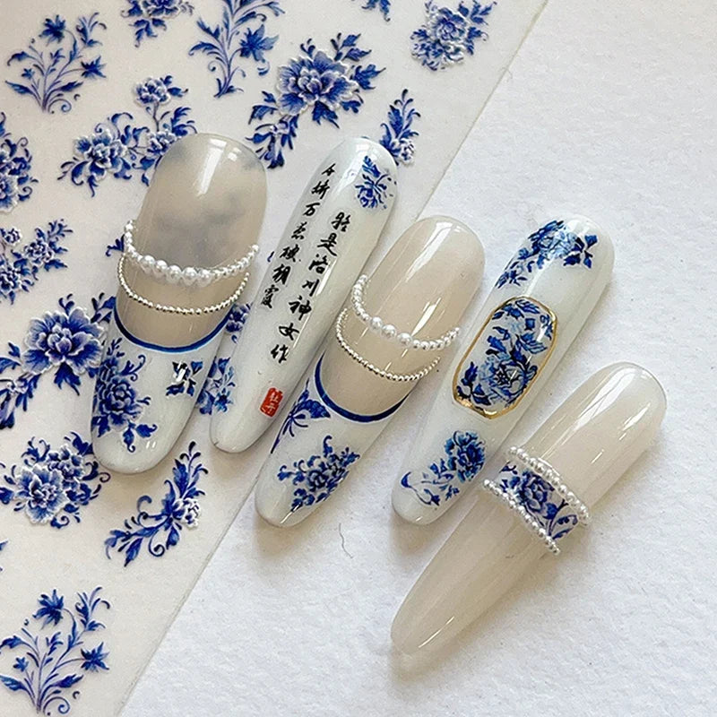 Blue White Porcelain Chinese Style Sticker 3D Self Adhesive Nail Art Sticker Flower Silverback Adhesive Manicure Decal Salon DIY