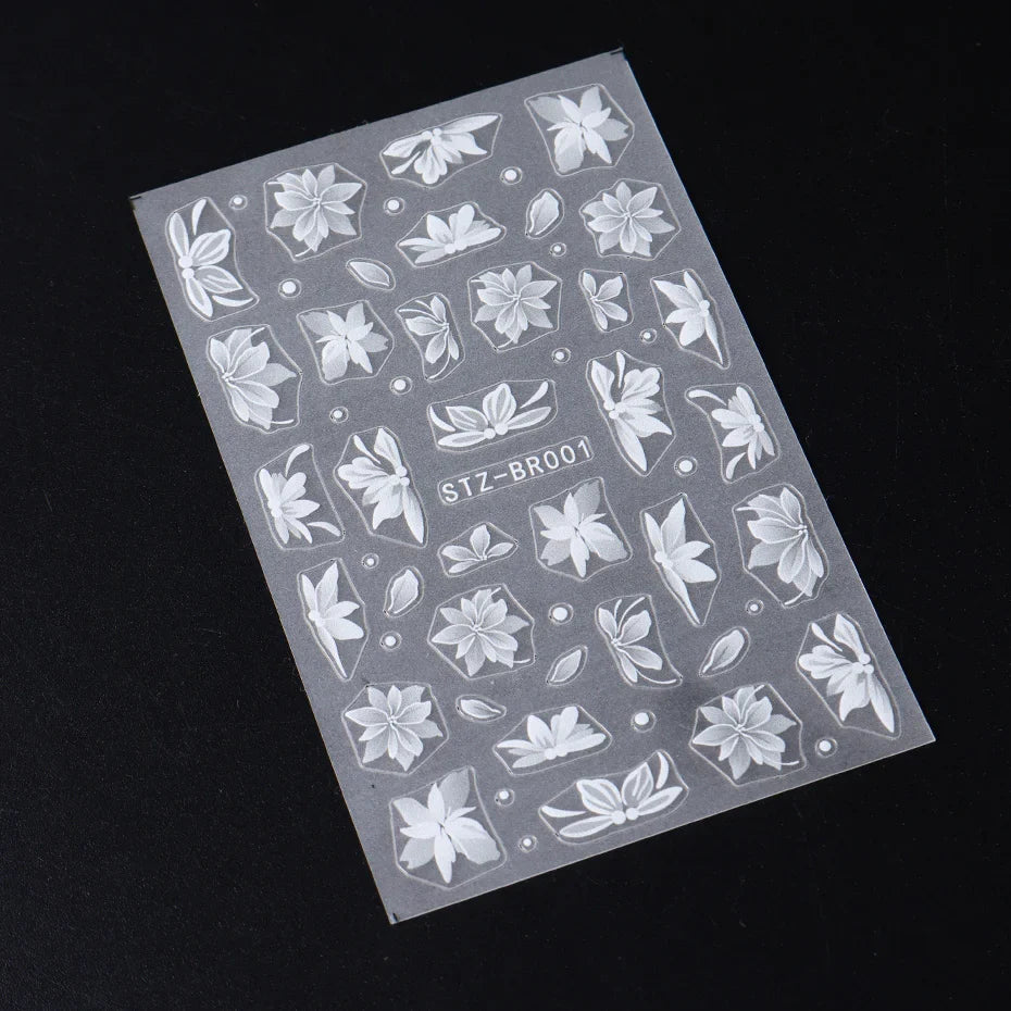 3D White Flower Nail Art Stickers Cute Floral Adhesive Sliders Acrylic Decoration Decals DIY Nail Charms Adhesive Accessories