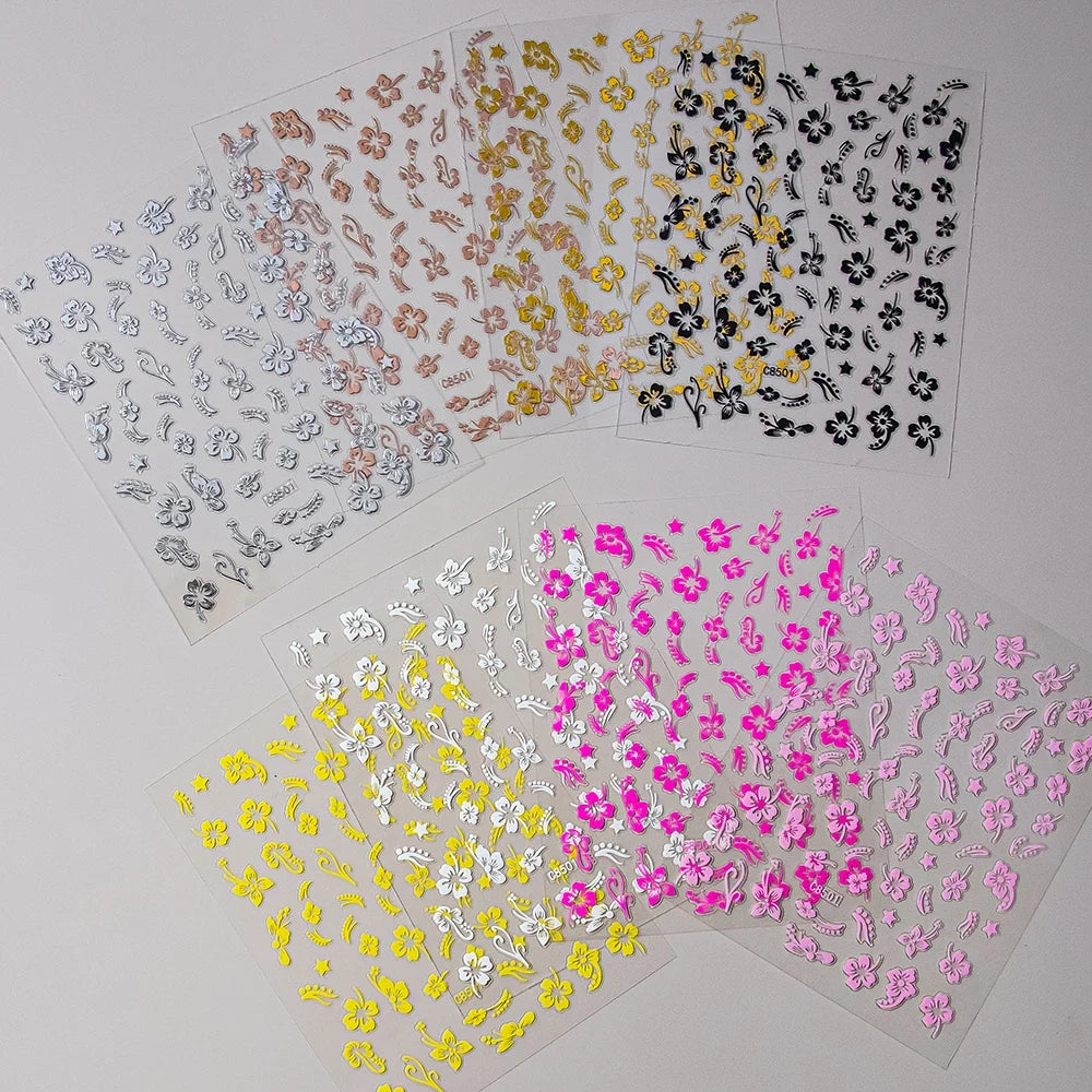 1pc 3D Hibiscus Flowers Nail Sticker White Black Flower Petals Adhesive Decals Pink Golden Floral Slider For Nail Art Decoration