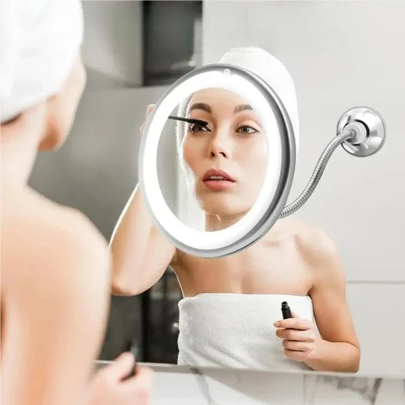 10X Magnifying LED Makeup Mirror with Gooseneck – Suction Cup Mount, Diffused Light & 360° Swivel for Bathroom & Vanity