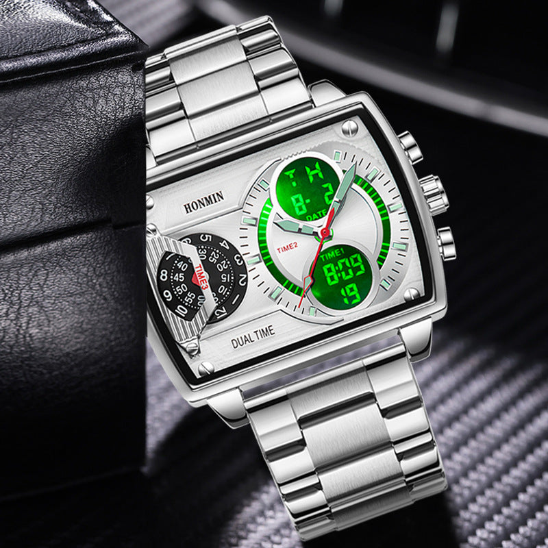 Three-Time-Zone Dual-Display Luminous Water-Resistant Sports Mens Watch