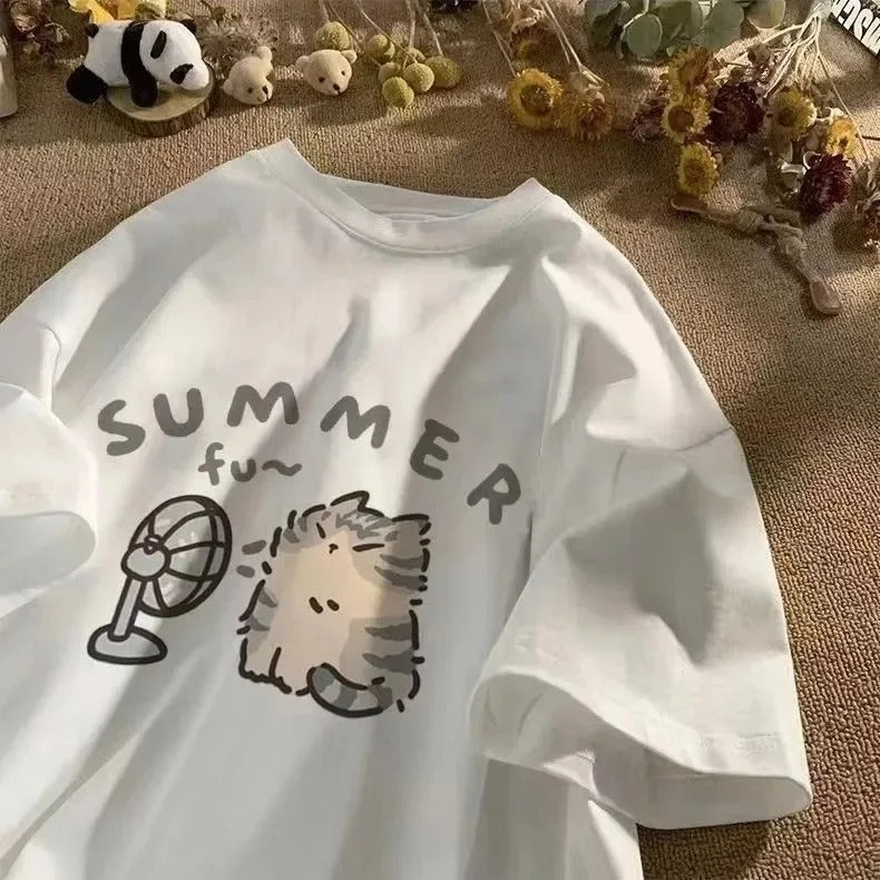 Summer Fan Cat And Women Pure Cotton T-Shirt For Me