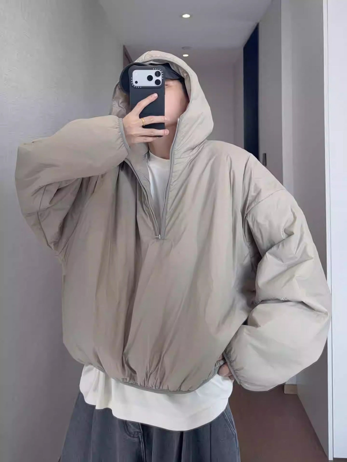 Retro Warm Half-Zip Loose Short Hooded Cotton Jacket