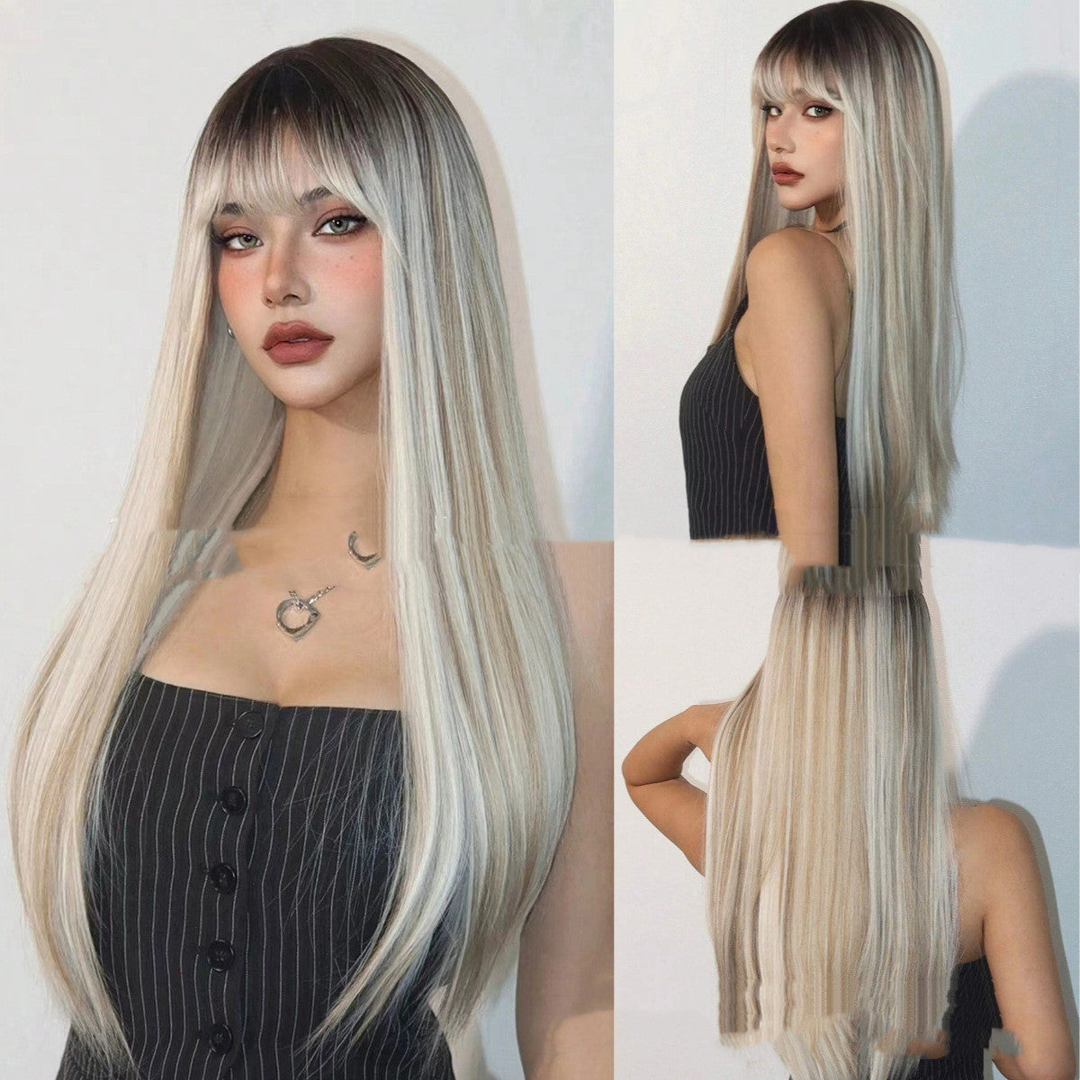Head Dyed Bangs Long Straight Hair High-temperature Fiber Wigs